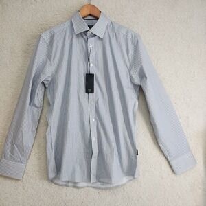 Hörst Dress Shirt Mens 15.5 Striped Blue Tan Stretch Long Sleeve Button Up